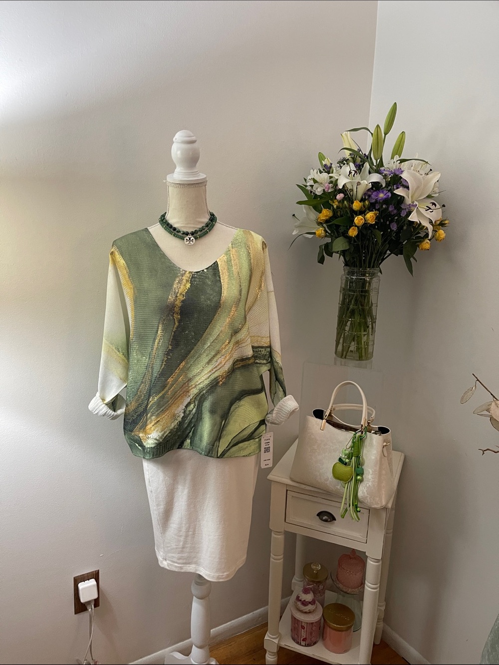 Dark Green. Fern and Cream with Gold Abstract Knit Top
